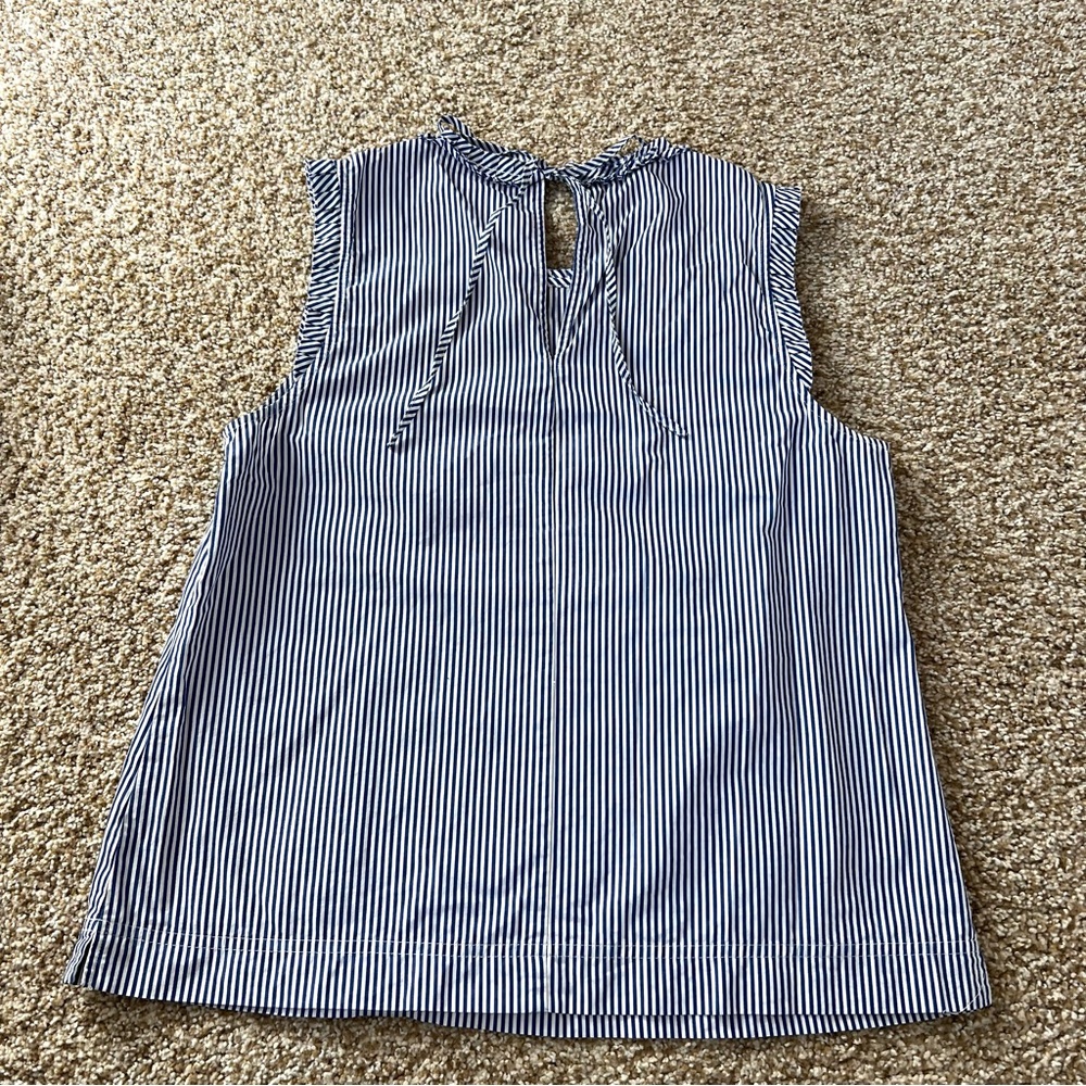 J. Crew Blue and White Stripe Ruffle Trim Sleeveless Top Size 8 - Picture 6 of 8